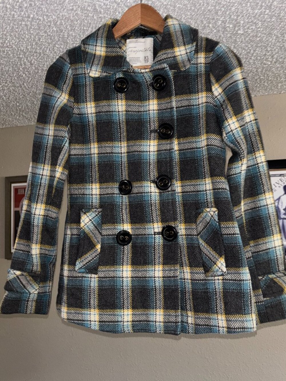 Aeropostale Women's Size XS Blue & Grey Plaid Double Breasted Peacoat Jacket